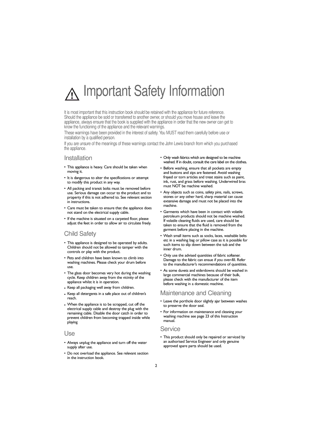 John Lewis JLWM1405 instruction manual Installation, Child Safety, Maintenance and Cleaning, Use, Service 