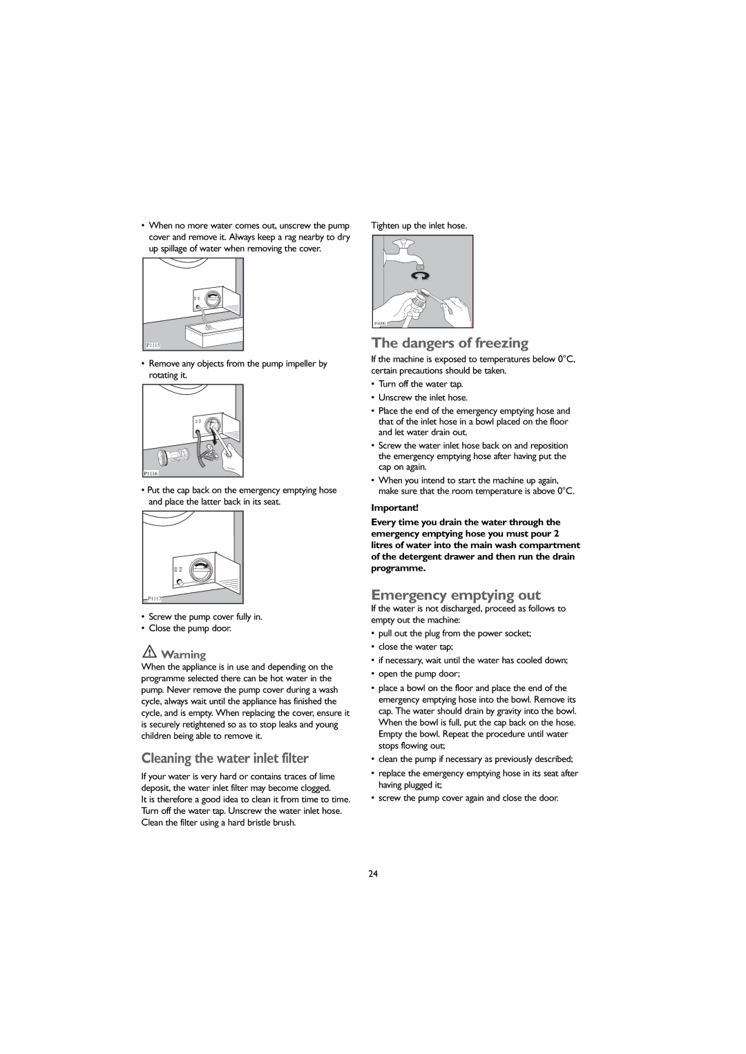 John Lewis JLWM1405 instruction manual Cleaning the water inlet filter, Emergency emptying out, Tighten up the inlet hose 