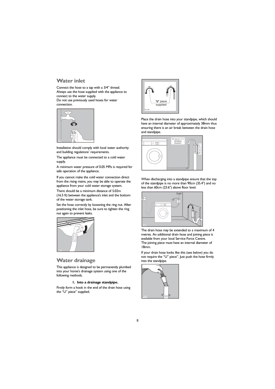 John Lewis JLWM1405 instruction manual Water inlet, Water drainage, Into a drainage standpipe 