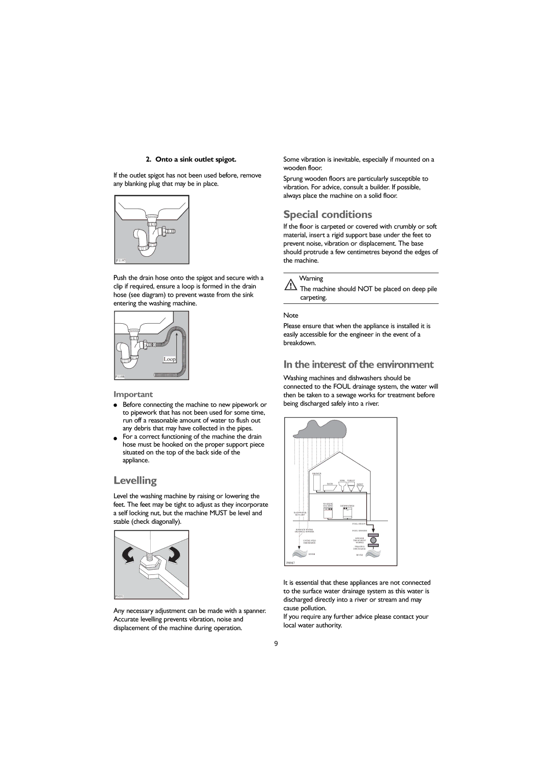 John Lewis JLWM1405 Levelling, Special conditions, Interest of the environment, Onto a sink outlet spigot 