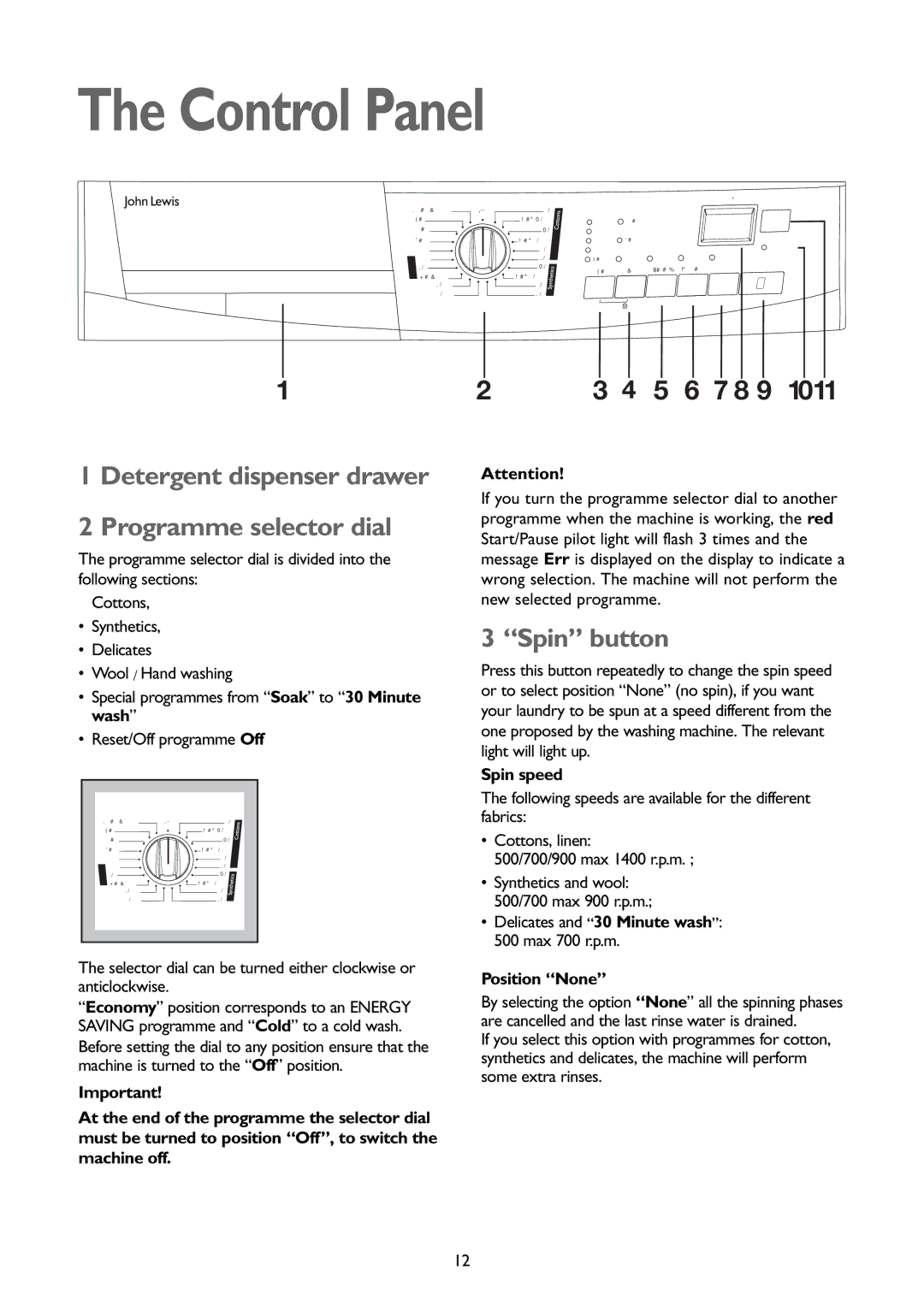 John Lewis JLWM1407 Control Panel, Detergent dispenser drawer Programme selector dial, Spin button, Spin speed 