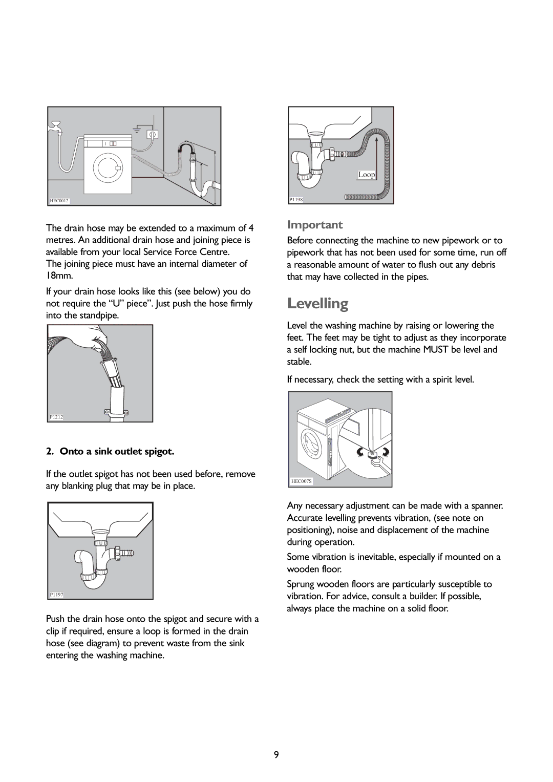 John Lewis JLWM1407 instruction manual Levelling, Onto a sink outlet spigot 