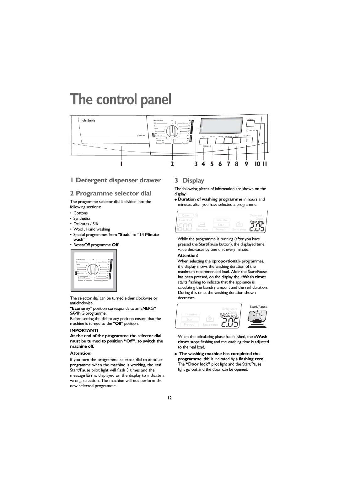 John Lewis JLWM1604 Control panel, Programme selector dial, Display, Light go out and the door can be opened 