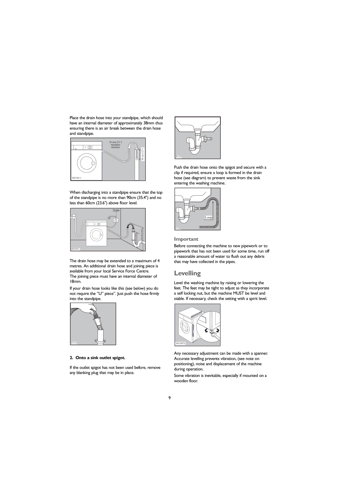 John Lewis JLWM1604 instruction manual Levelling, Onto a sink outlet spigot 