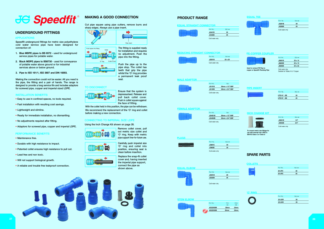 John Mills KM39767, BS7291 manual Underground Fittings, Making a Good Connection, Product Range, Spare Parts 