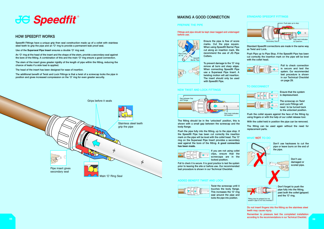 John Mills BS7291 Prepare the Pipe, Standard Speedfit Fittings, To Disconnect, NEW Twist and Lock Fittings, What not to do 