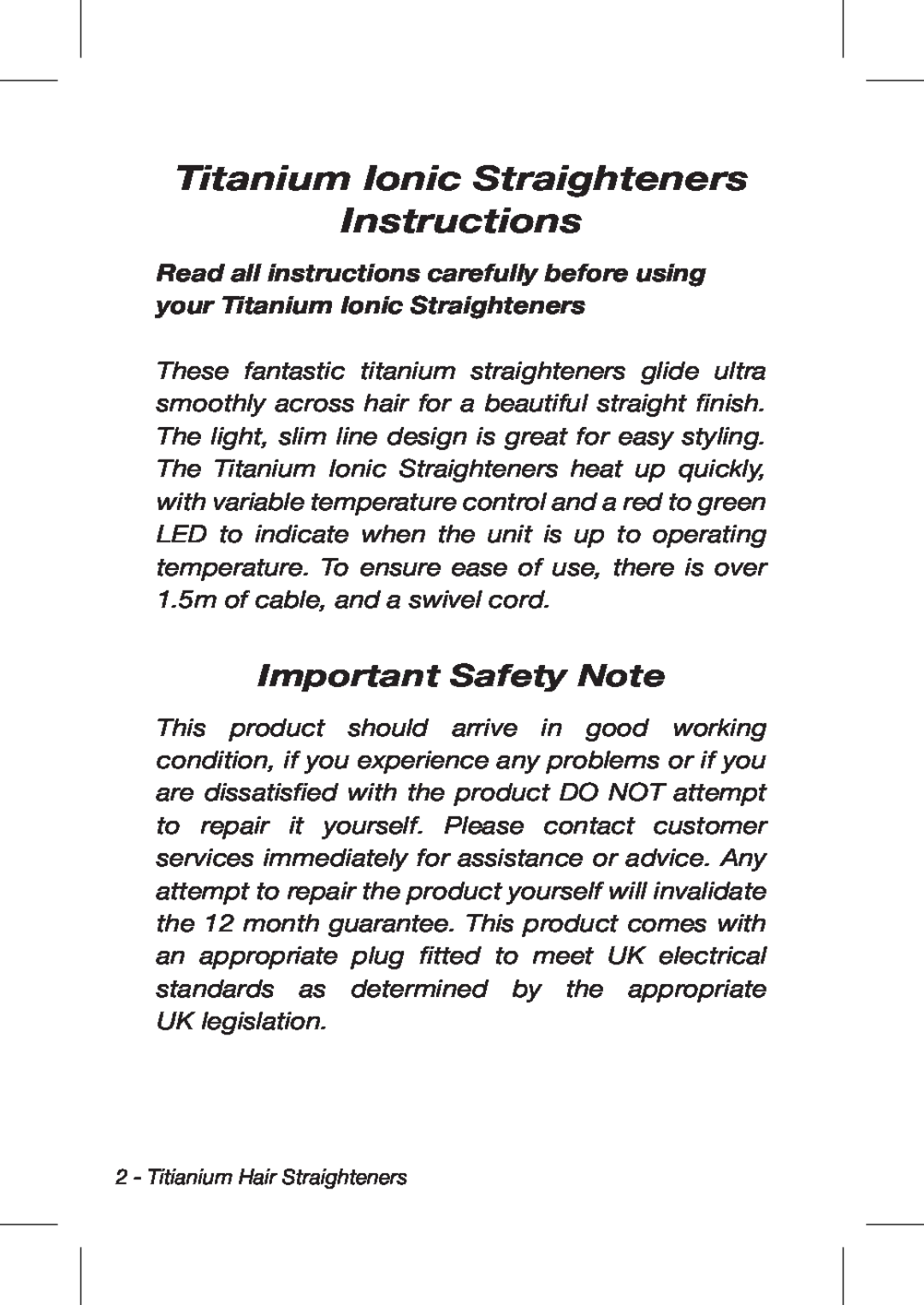 John Mills John Mills Titanium Hair Straightener manual Important Safety Note, Titanium Ionic Straighteners Instructions 