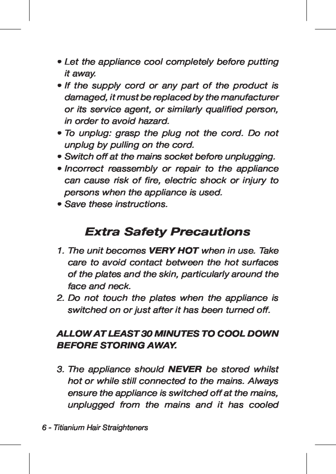 John Mills John Mills Titanium Hair Straightener manual Extra Safety Precautions 