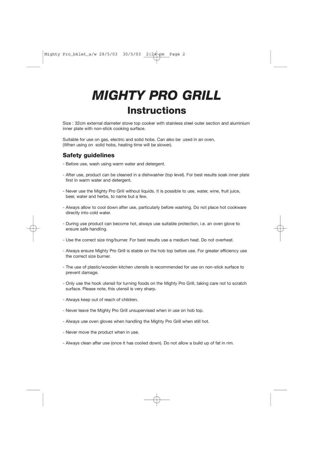 John Mills Mighty Pro Grill manual Mighty PRO Grill, Safety guidelines 