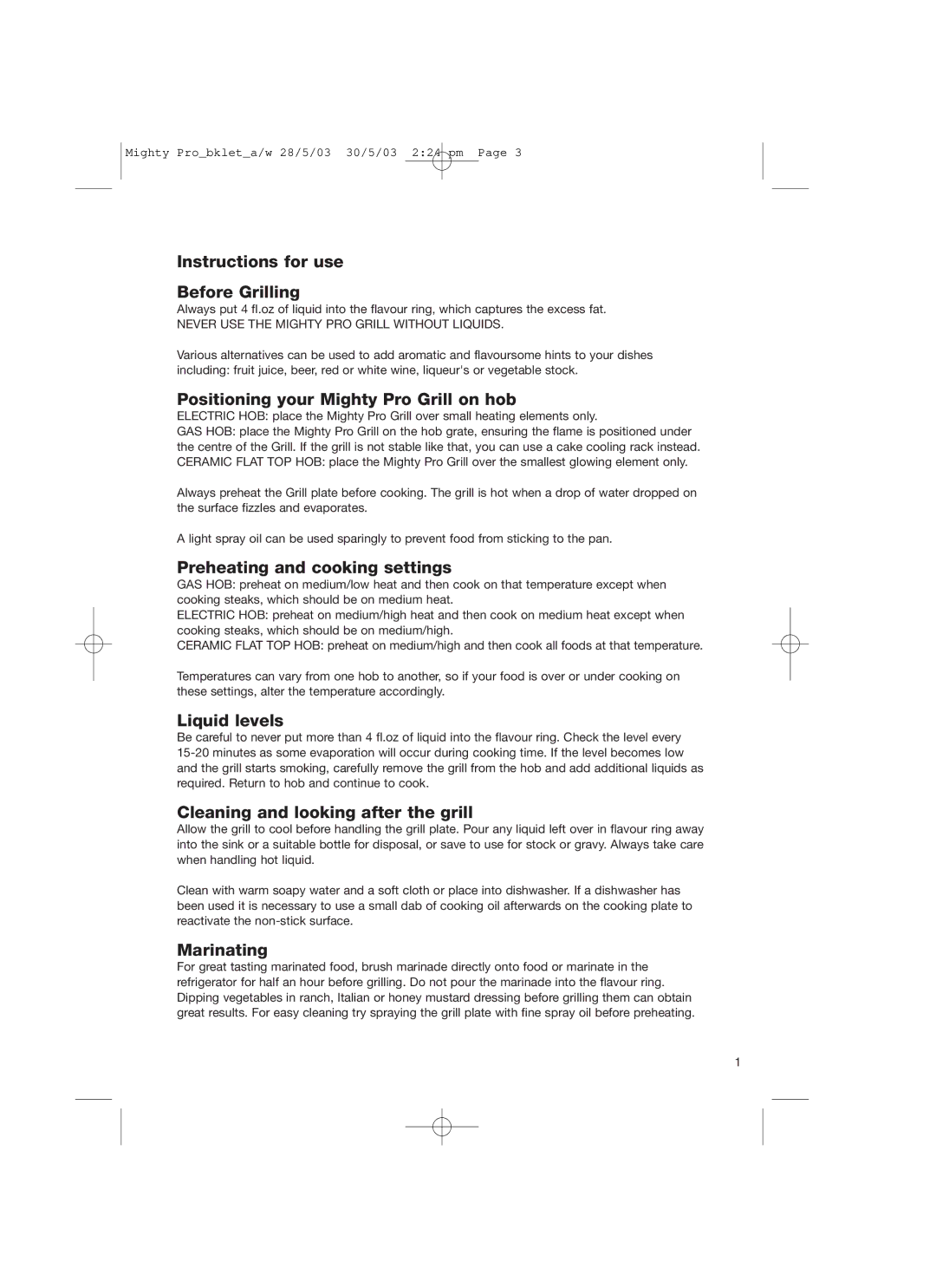 John Mills Instructions for use Before Grilling, Positioning your Mighty Pro Grill on hob, Liquid levels, Marinating 