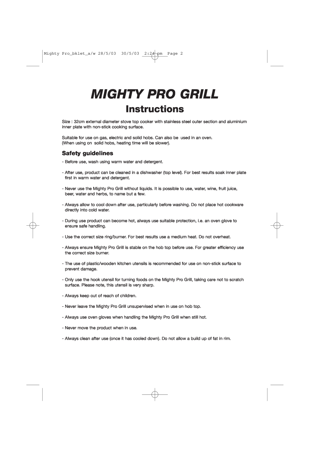 John Mills Mighty Pro Grill manual Safety guidelines, Instructions 