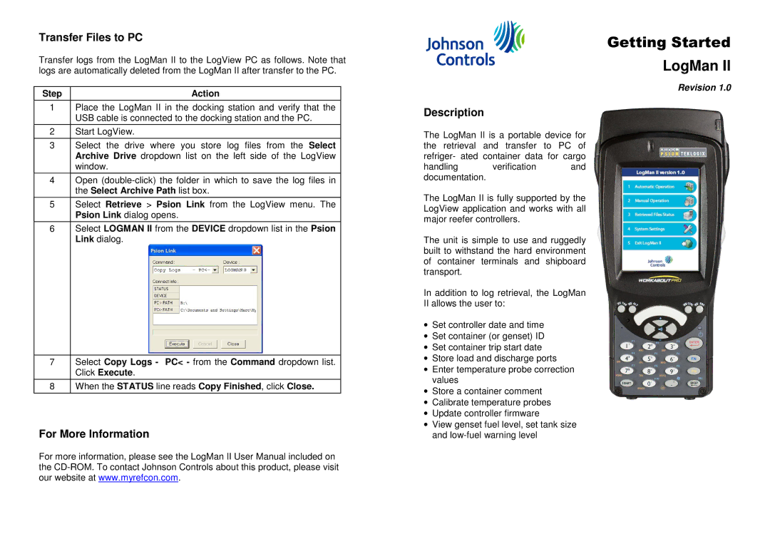 Johnson Controls 1 user manual LogMan, Transfer Files to PC, For More Information, Description, Step Action 