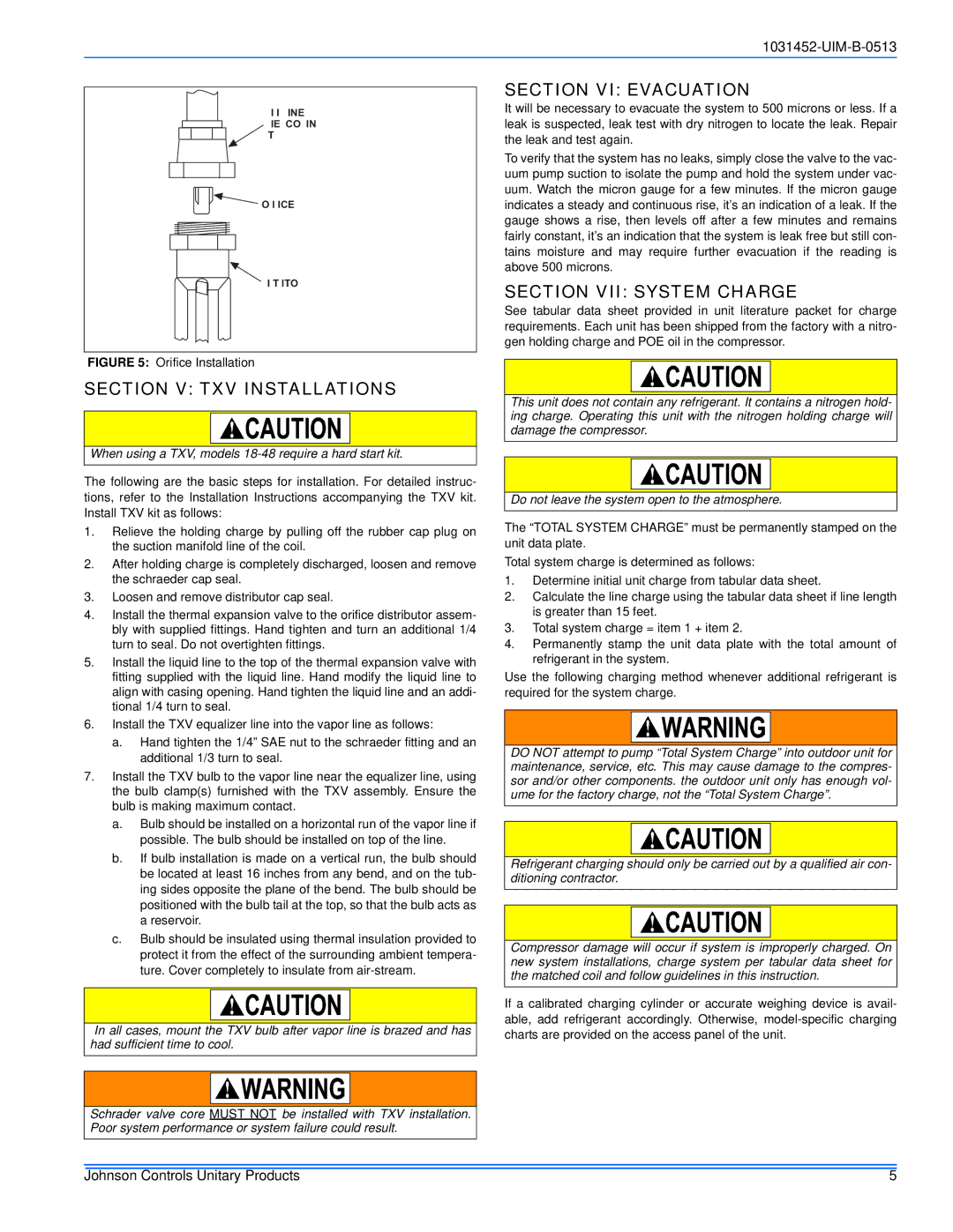 Johnson Controls 13 SEER - GCGD Section V TXV Installations, Section VI Evacuation, Section VII System Charge 