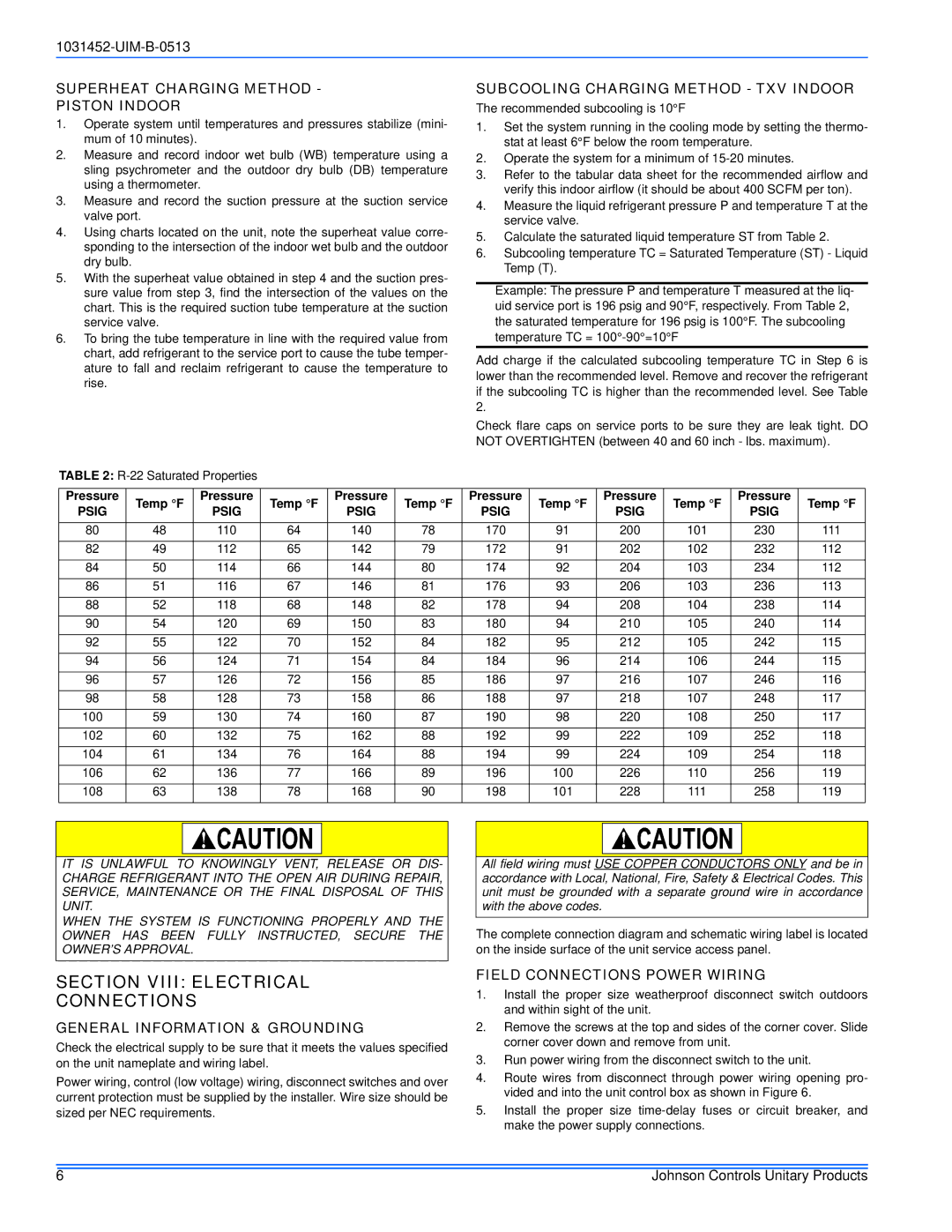 Johnson Controls 13 SEER - GCGD Section Viii Electrical Connections, Superheat Charging Method Piston Indoor 