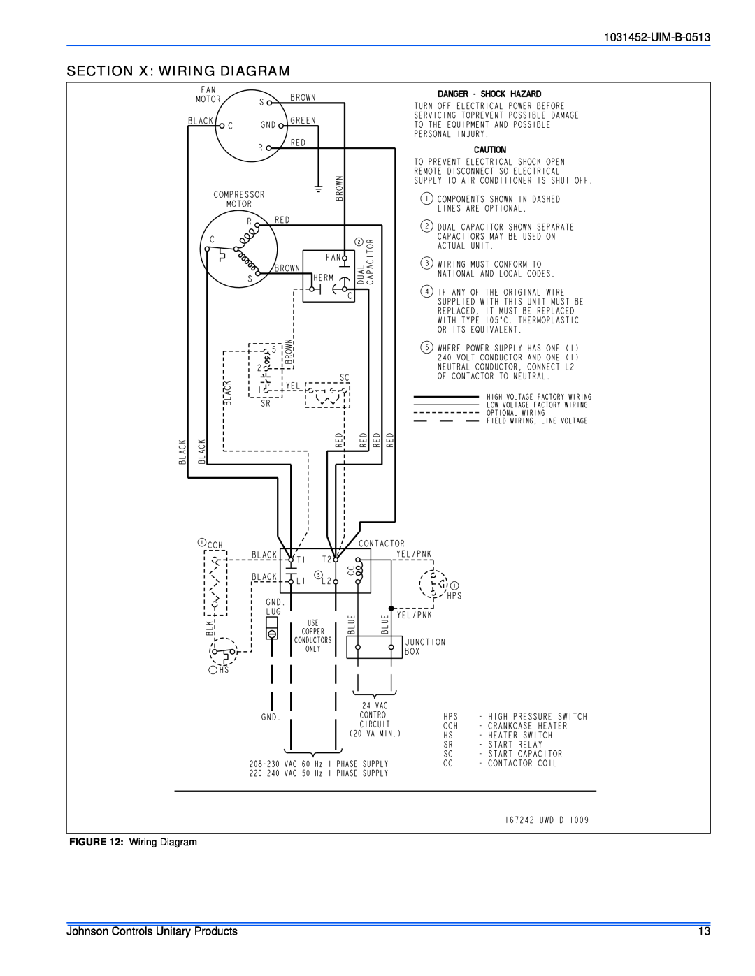 Johnson Controls 13 SEER - GCGD installation manual Section X Wiring Diagram, UIM-B-0513, Johnson Controls Unitary Products 