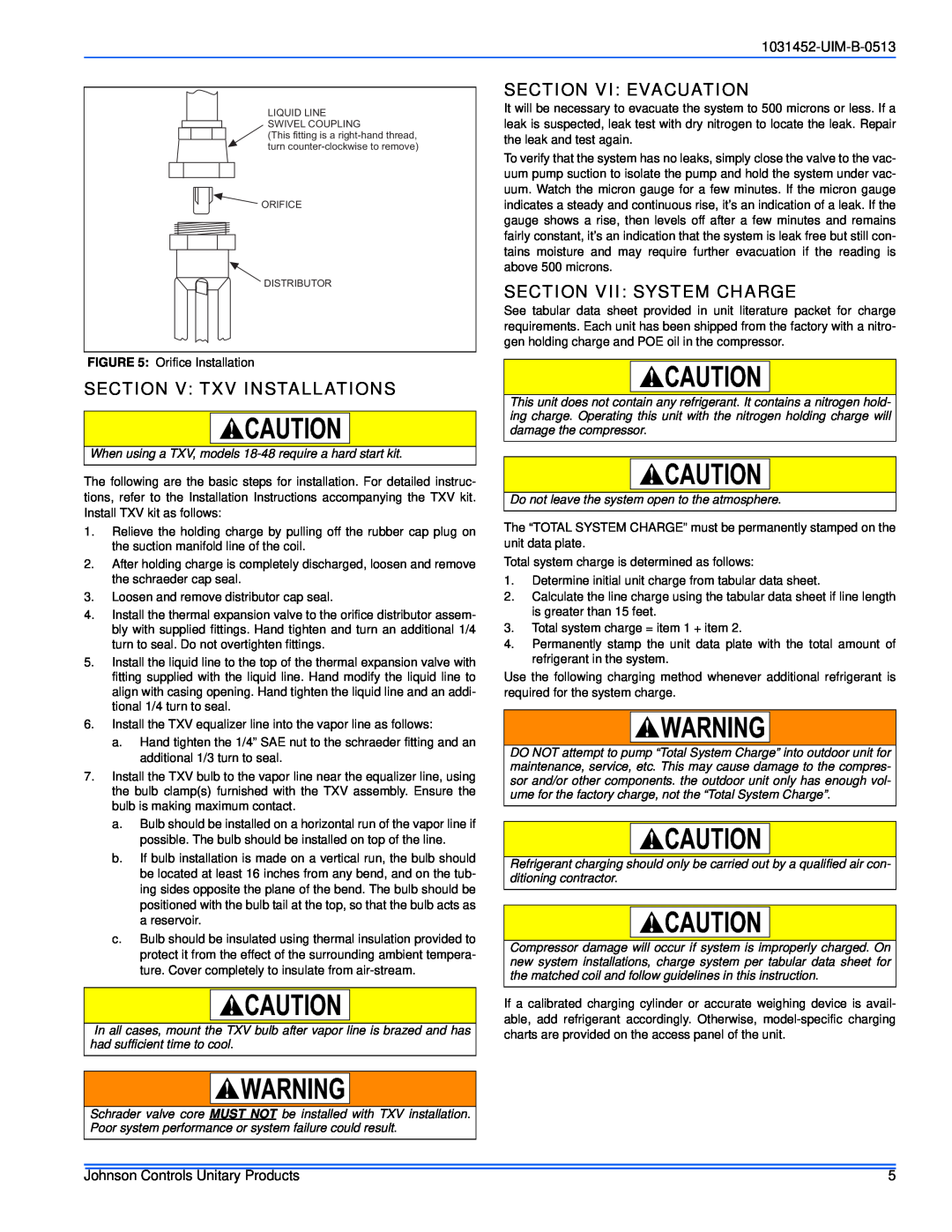 Johnson Controls 13 SEER - GCGD Section V Txv Installations, Section Vi Evacuation, Section Vii: System Charge, UIM-B-0513 