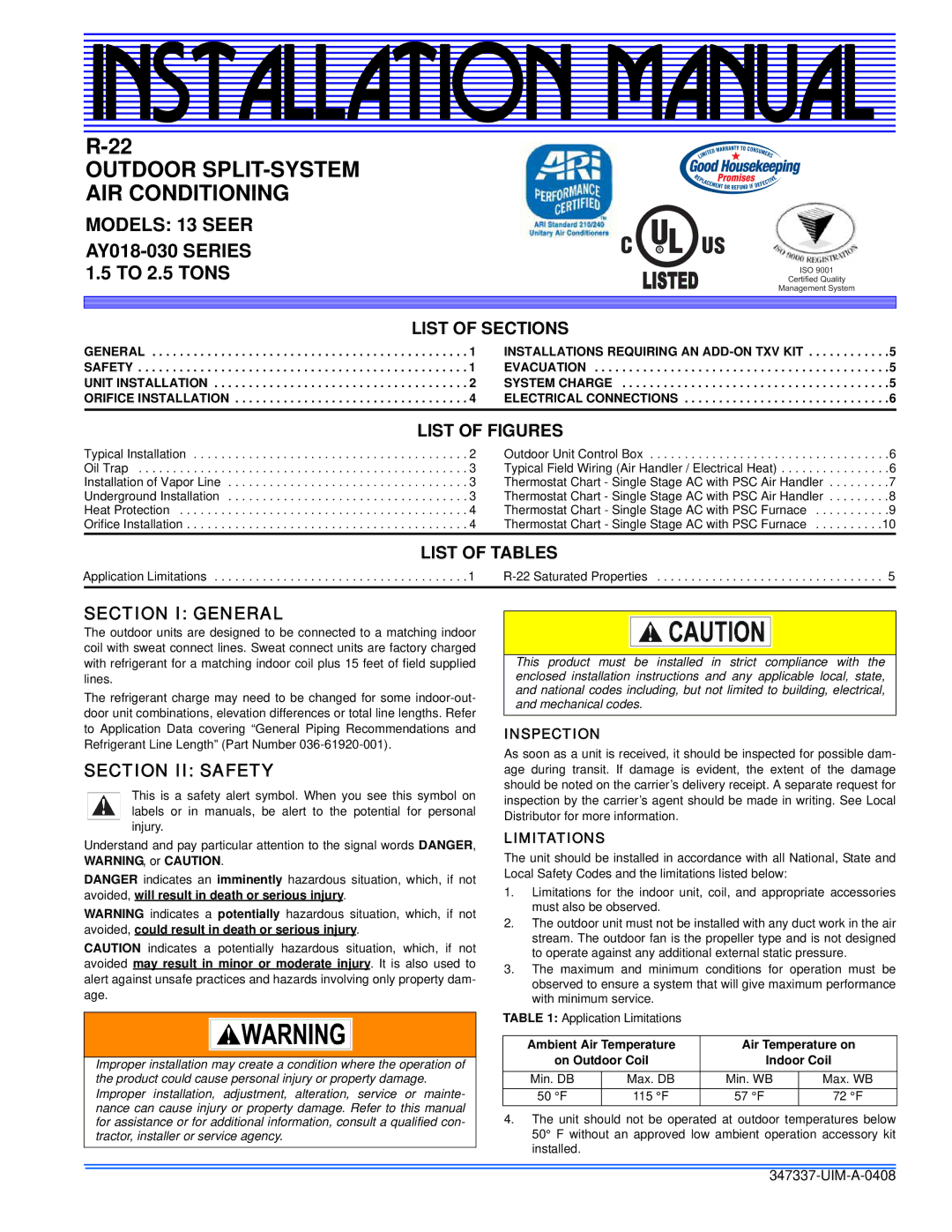 Johnson Controls 13 SEER installation manual List of Sections, List of Figures, List of Tables, Section I General 