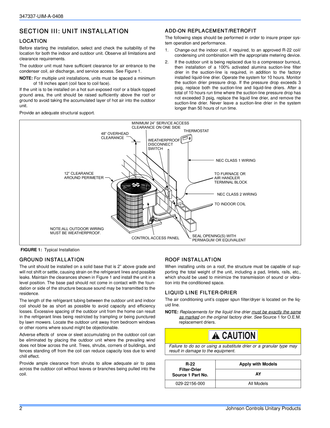 Johnson Controls 13 SEER installation manual Section III Unit Installation 