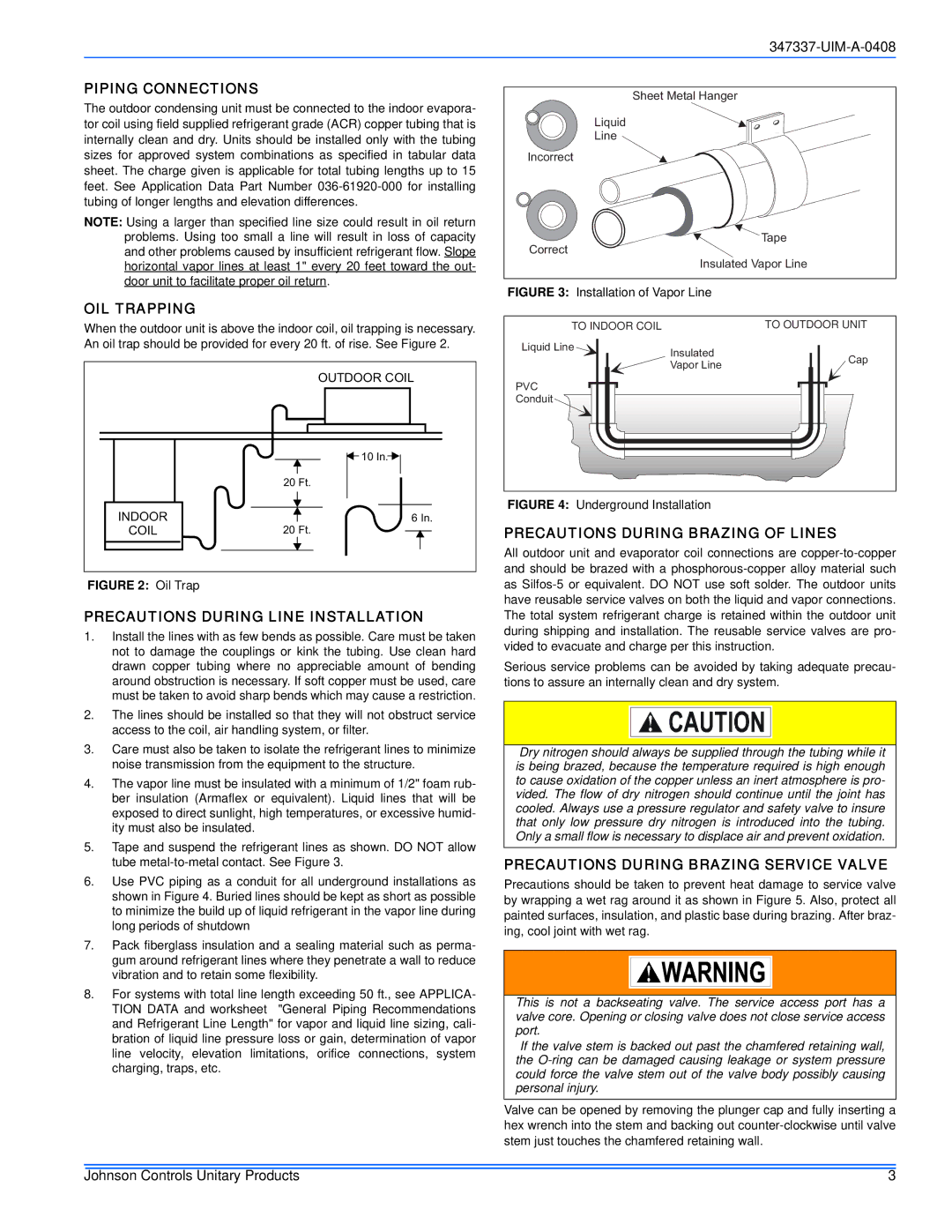 Johnson Controls 13 SEER installation manual Piping Connections, OIL Trapping, Precautions During Line Installation 