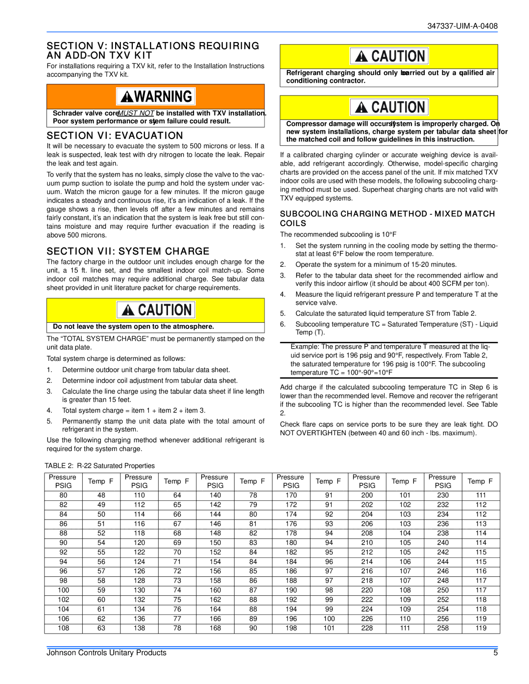 Johnson Controls 13 SEER installation manual Section V Installations Requiring AN ADD-ON TXV KIT, Section VI Evacuation 