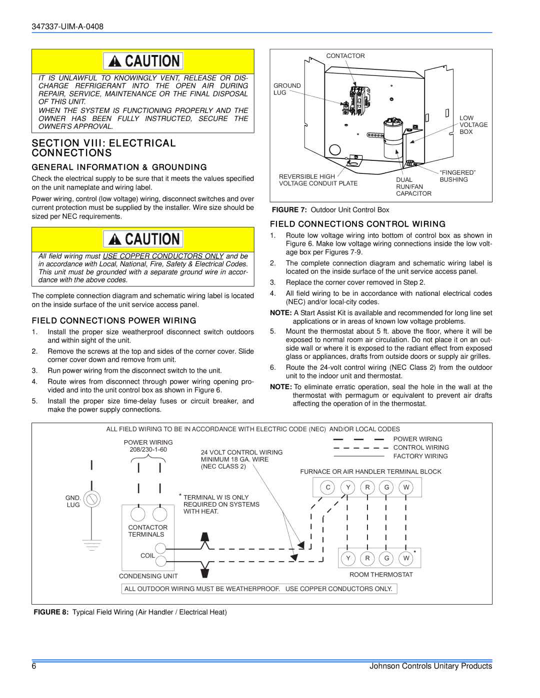 Johnson Controls 13 SEER installation manual Section Viii Electrical Connections, General Information & Grounding 