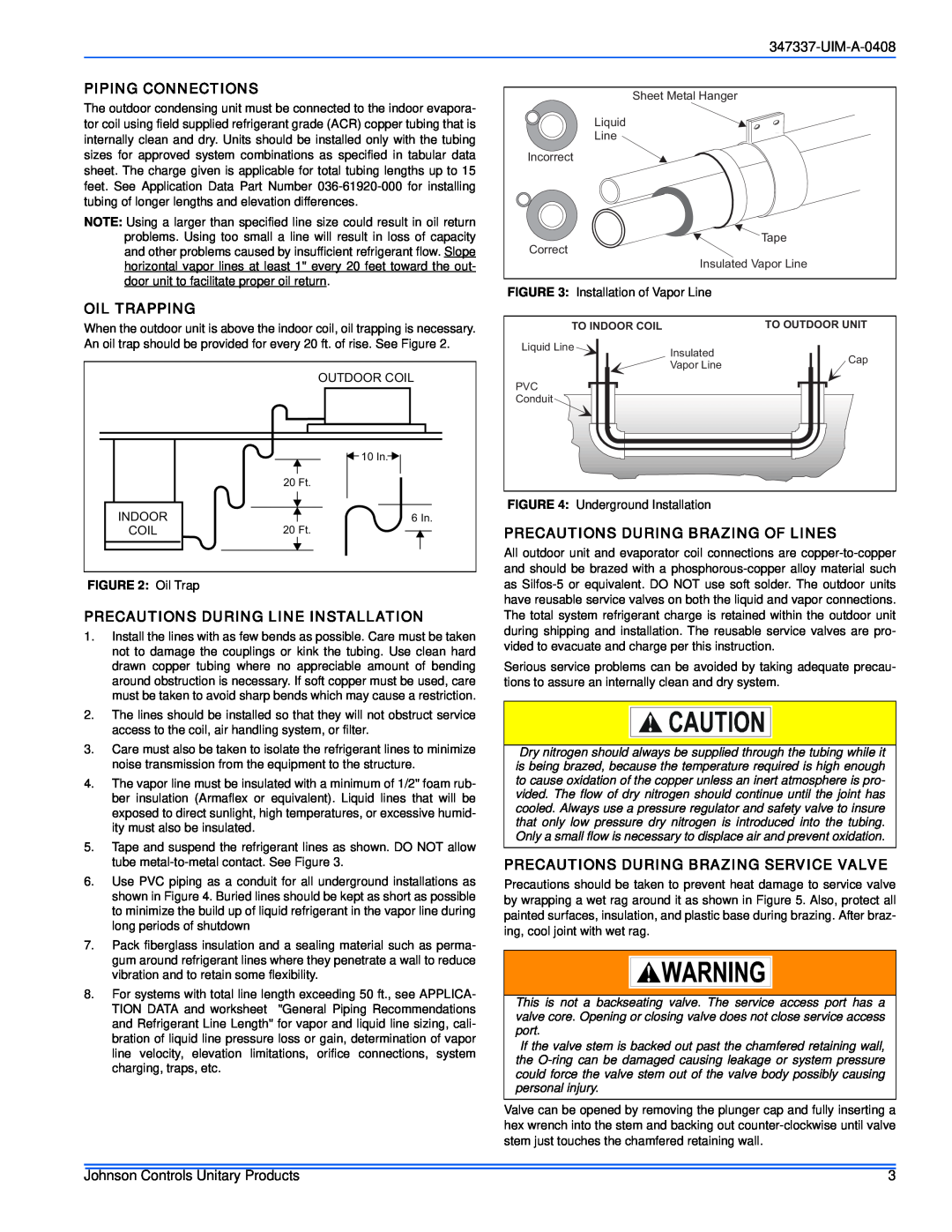 Johnson Controls 13 SEER Piping Connections, Oil Trapping, Precautions During Line Installation, UIM-A-0408 