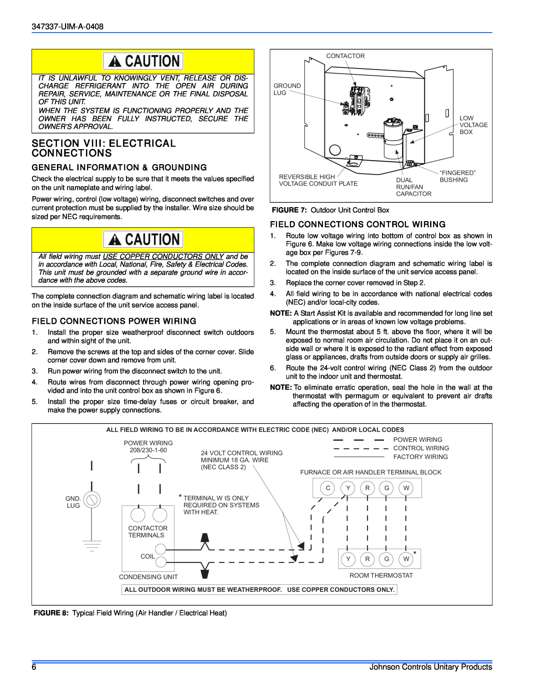 Johnson Controls 13 SEER Section Viii Electrical Connections, General Information & Grounding, UIM-A-0408 