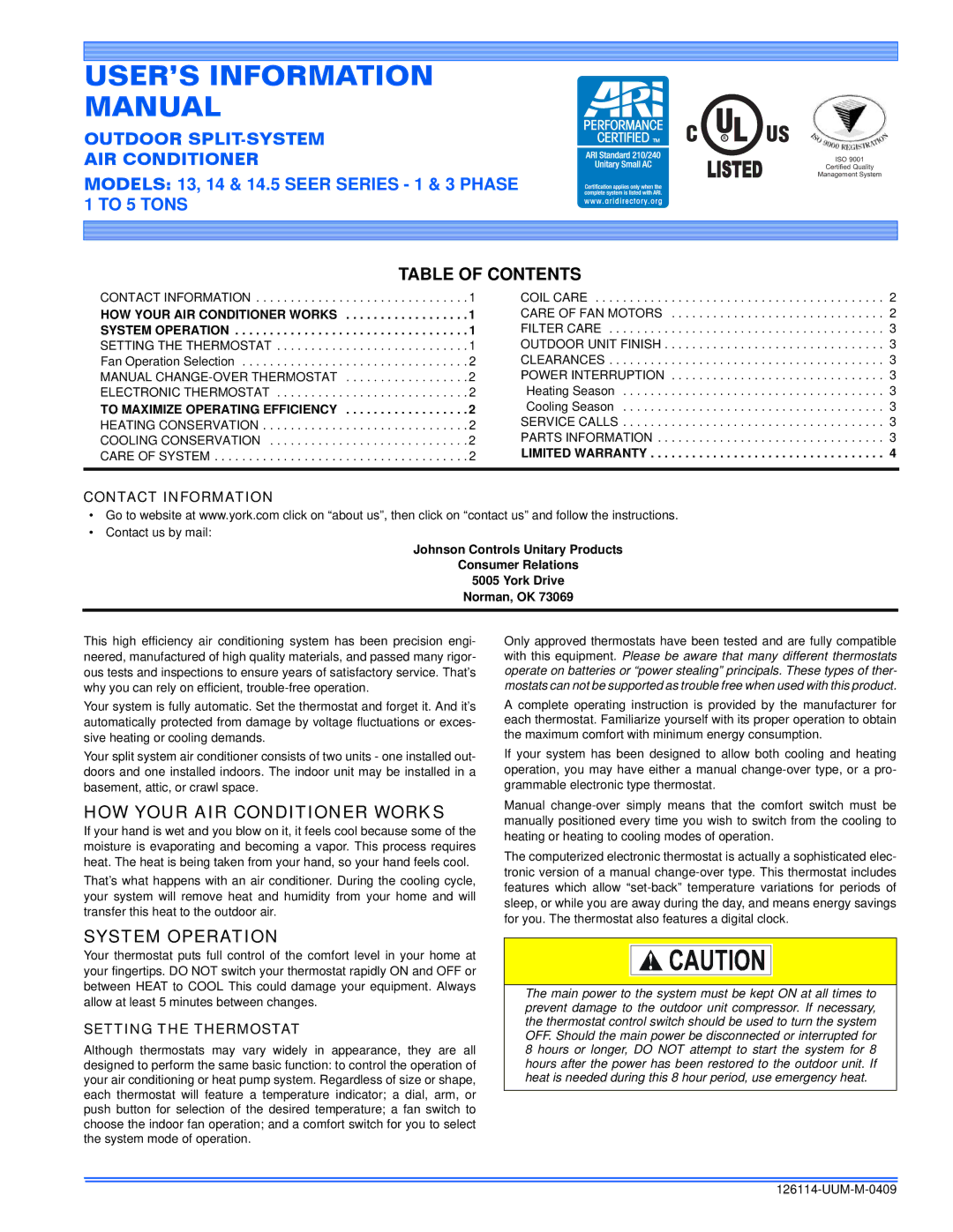 Johnson Controls 13 warranty Table of Contents, HOW Your AIR Conditioner Works, System Operation 