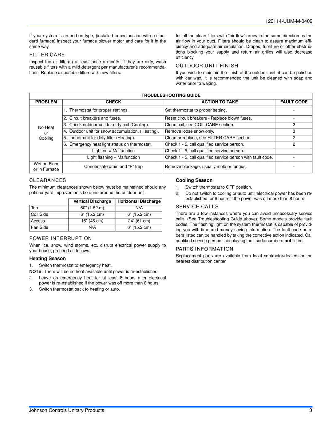 Johnson Controls 13 Filter Care, Outdoor Unit Finish, Clearances, Power Interruption, Service Calls, Parts Information 