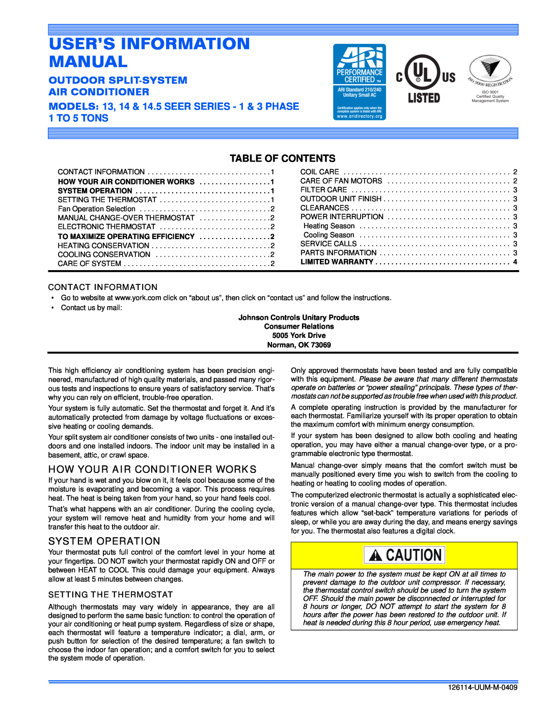Johnson Controls 13 warranty Table Of Contents, How Your Air Conditioner Works, System Operation, Contact Information 