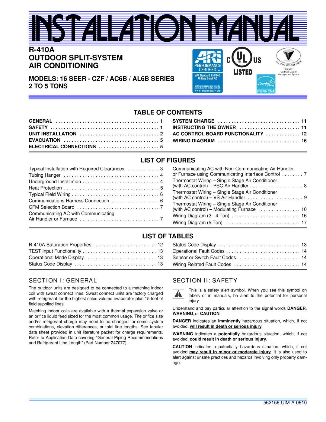 Johnson Controls AC6B, 16 SEER - CZF, AL6B SERIES installation manual Installation Manual 