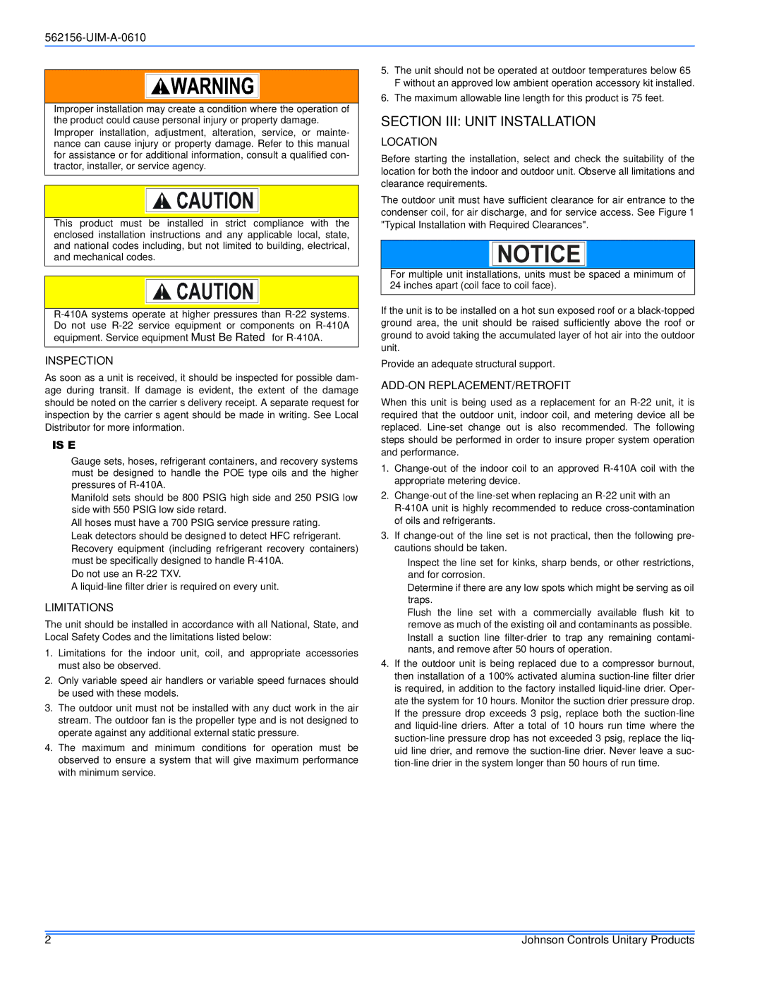 Johnson Controls AL6B SERIES Section III Unit Installation, Inspection, Limitations, Location, Add-On Replacement/Retrofit 