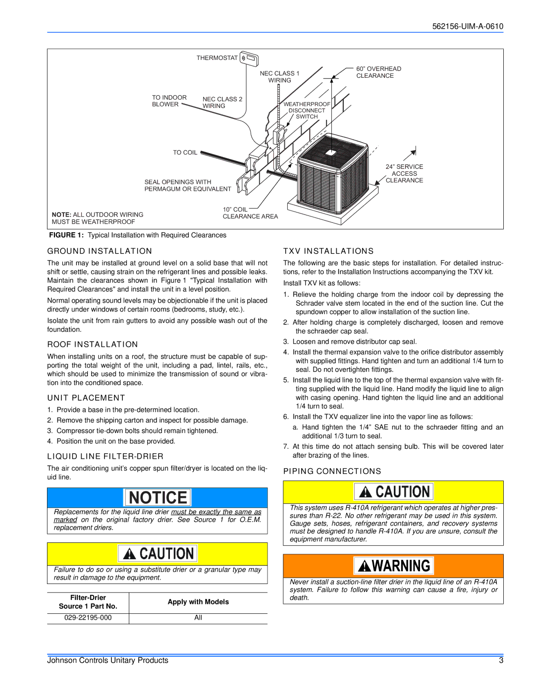 Johnson Controls 16 SEER - CZF, AC6B Ground Installation, Roof Installation, Unit Placement, Liquid Line FILTER-DRIER 