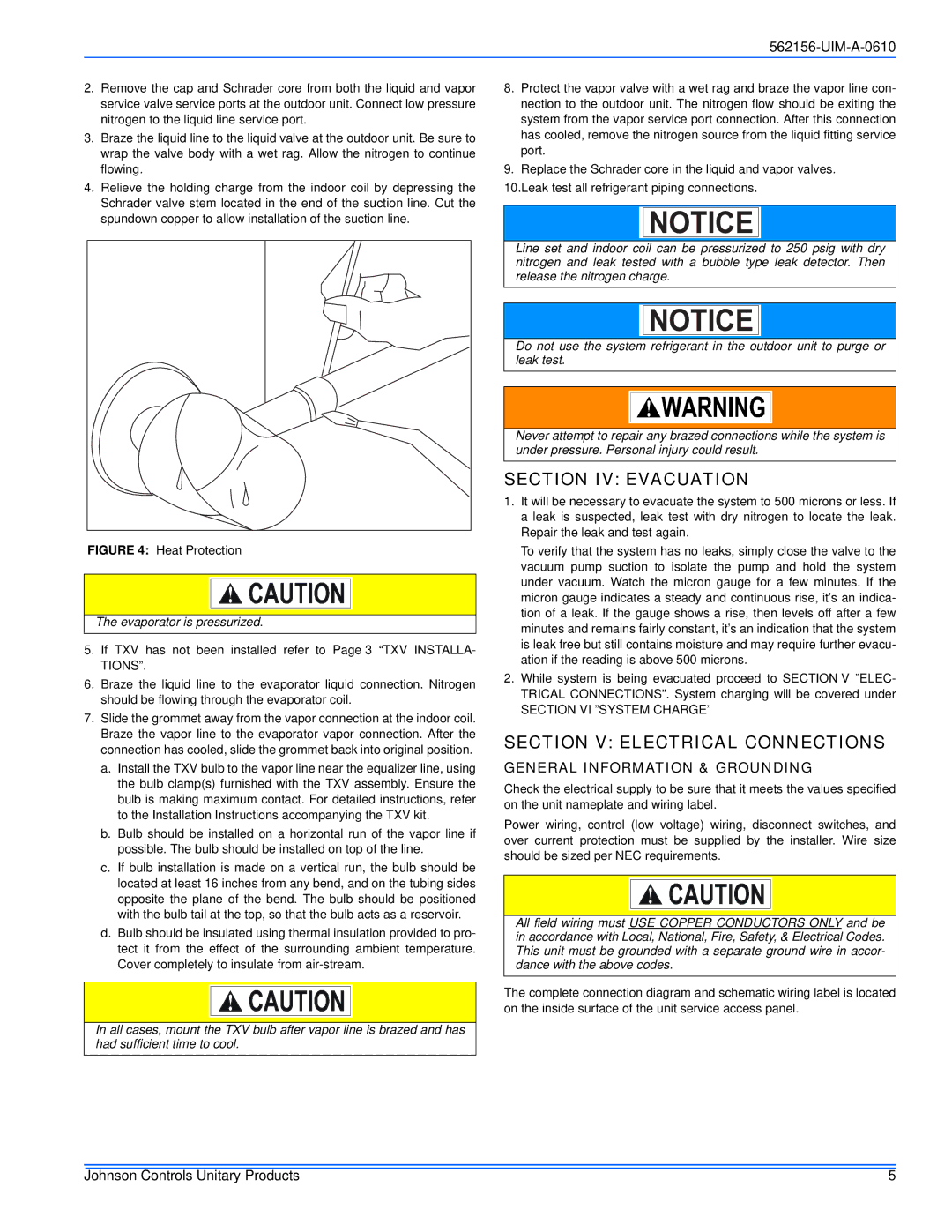 Johnson Controls AL6B SERIES Section IV Evacuation, Section V Electrical Connections, General Information & Grounding 