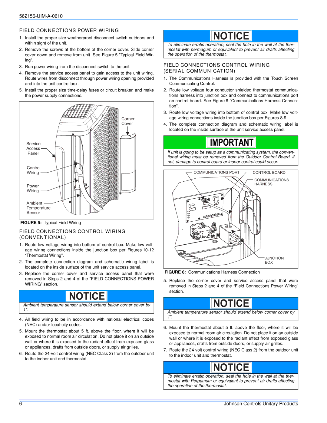 Johnson Controls 16 SEER - CZF, AC6B Field Connections Power Wiring, Field Connections Control Wiring Conventional 