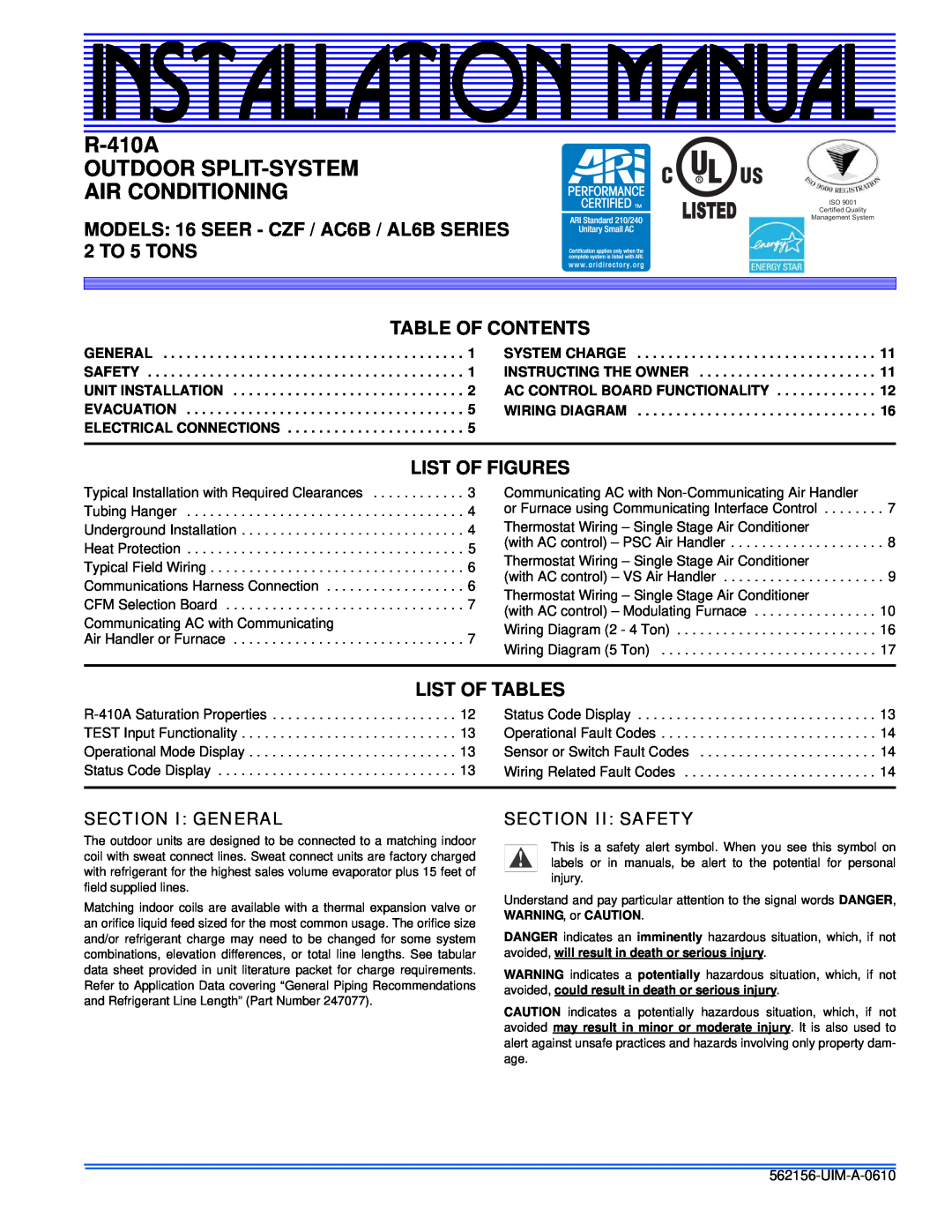 Johnson Controls AC6B installation manual R-410A OUTDOOR SPLIT-SYSTEM AIR CONDITIONING, Section I General, Listed 