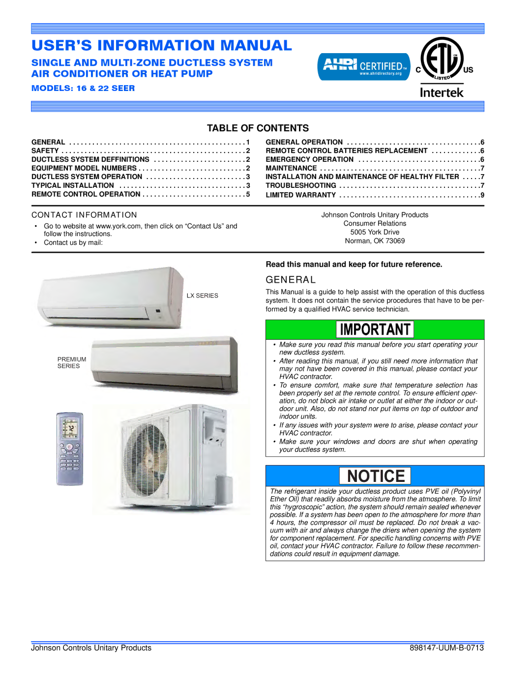 Johnson Controls 16, 20 warranty Table of Contents, General 