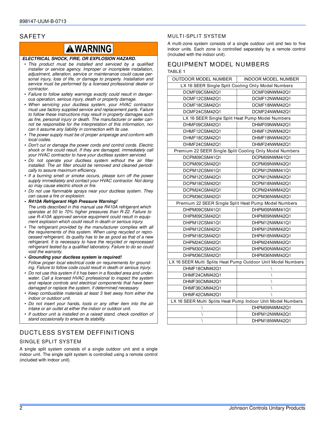 Johnson Controls 20 Safety, Ductless System Deffinitions, Equipment Model Numbers, Single Split System, MULTI-SPLIT System 