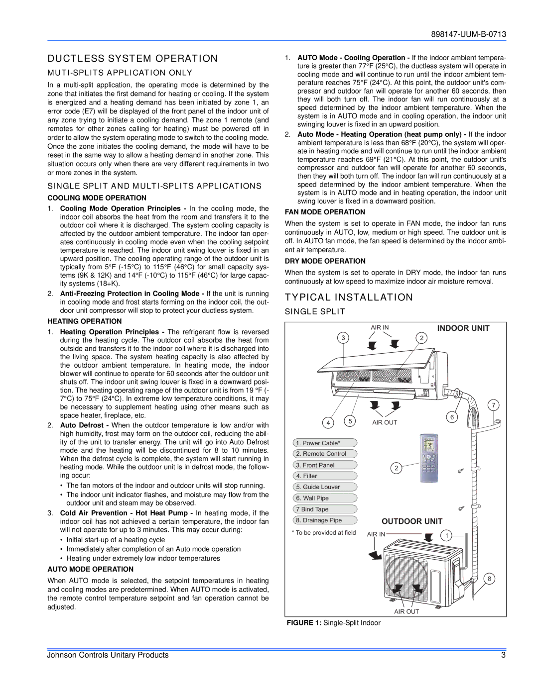 Johnson Controls 16, 20 warranty Ductless System Operation, Typical Installation, MUTI-SPLITS Application only, Single Split 