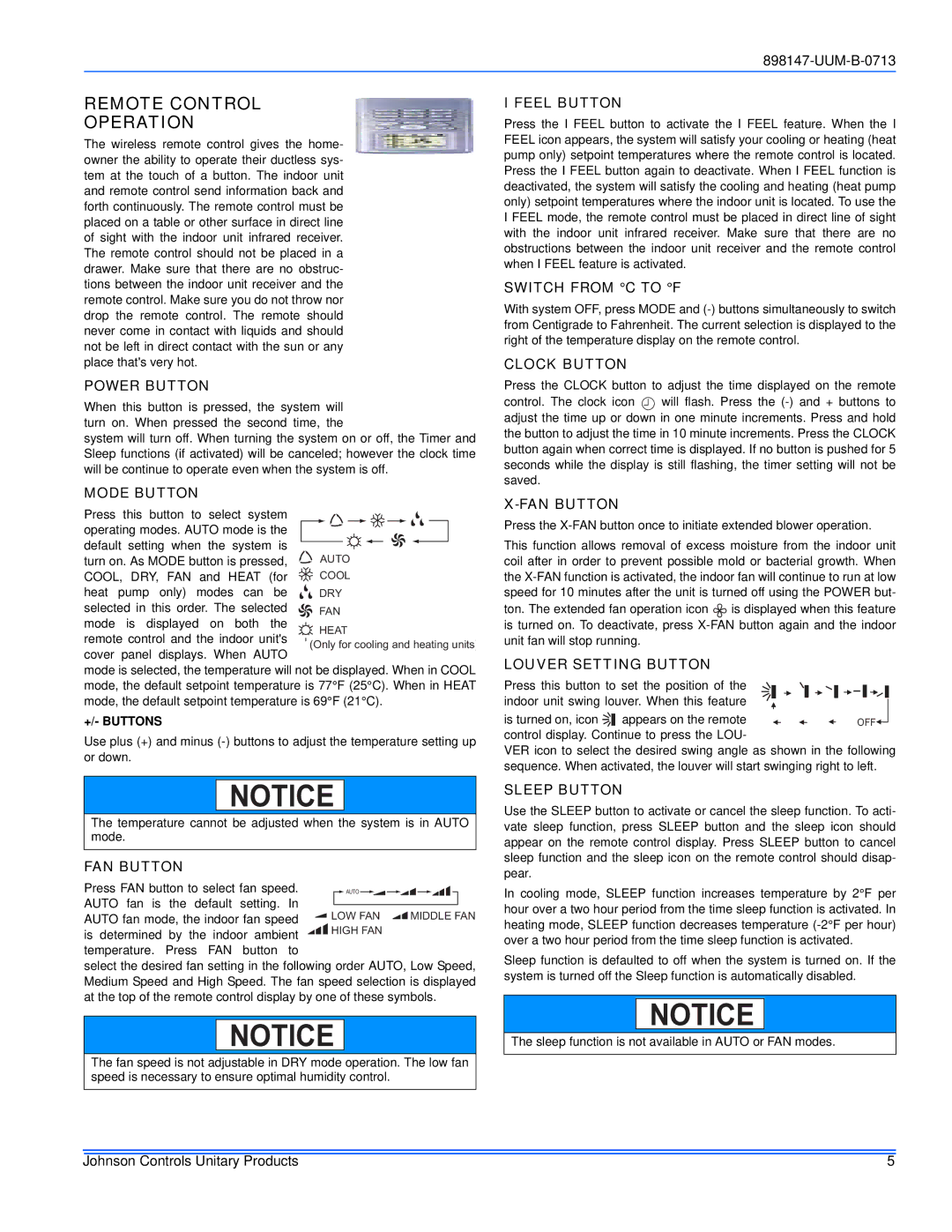 Johnson Controls 16, 20 warranty Remote Control Operation 