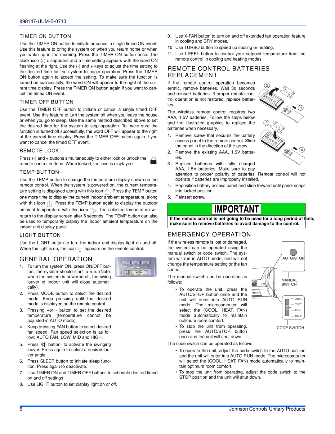 Johnson Controls 20, 16 warranty Remote Control Batteries Replacement, General Operation, Emergency Operation 