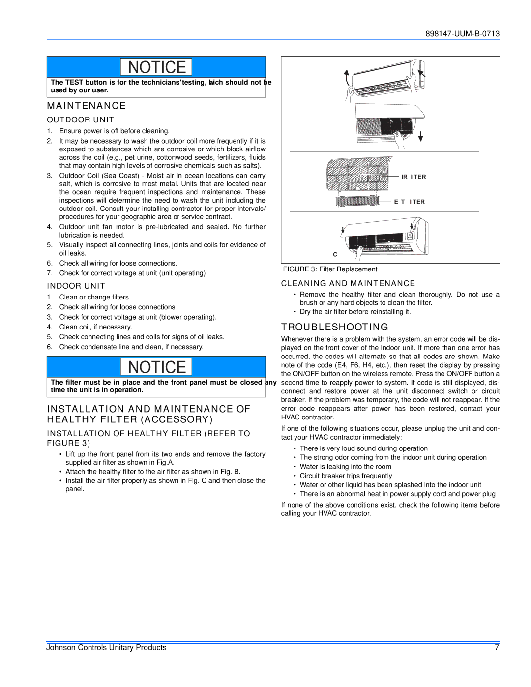 Johnson Controls 16, 20 warranty Installation and Maintenance of Healthy Filter Accessory, Troubleshooting 