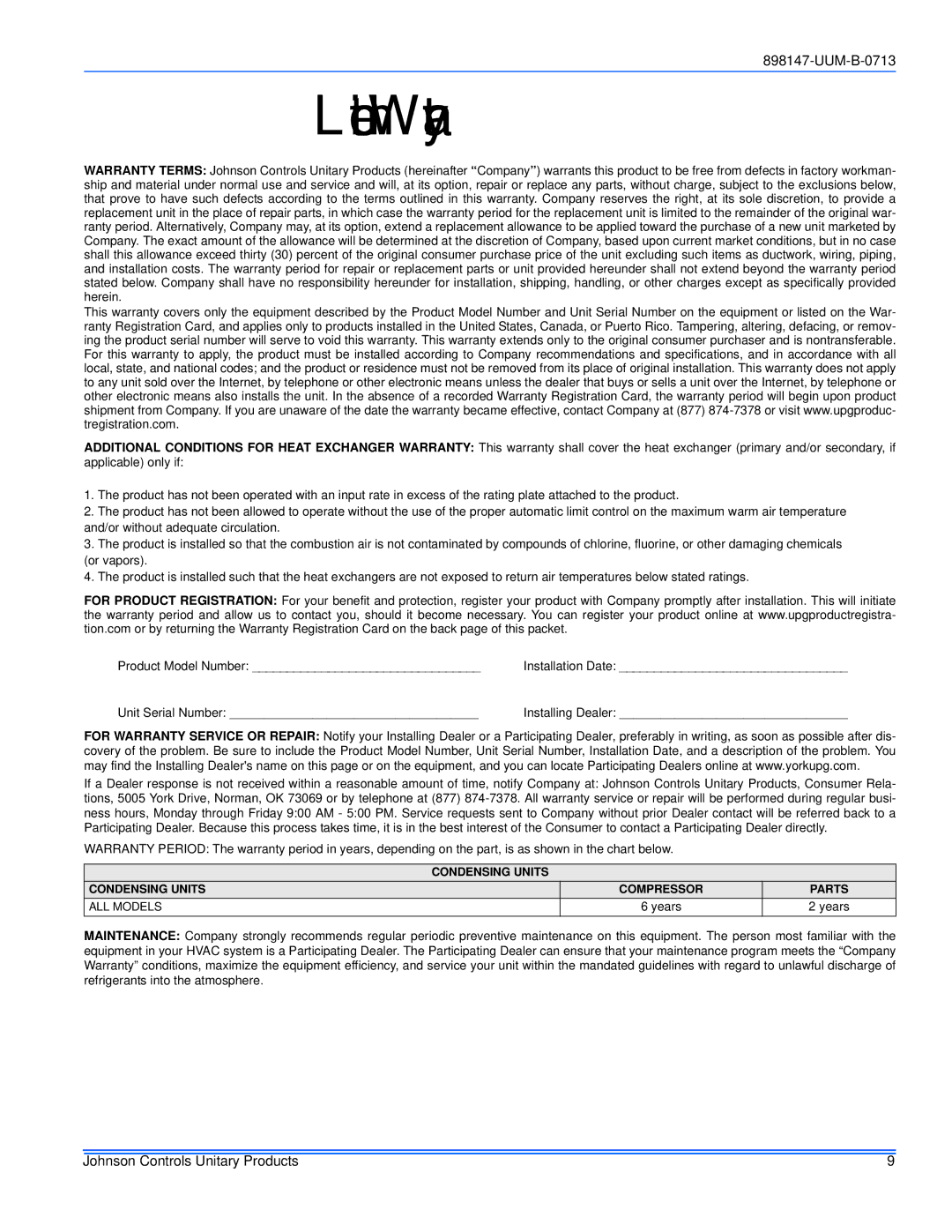 Johnson Controls 16, 20 warranty Limited Warranty 