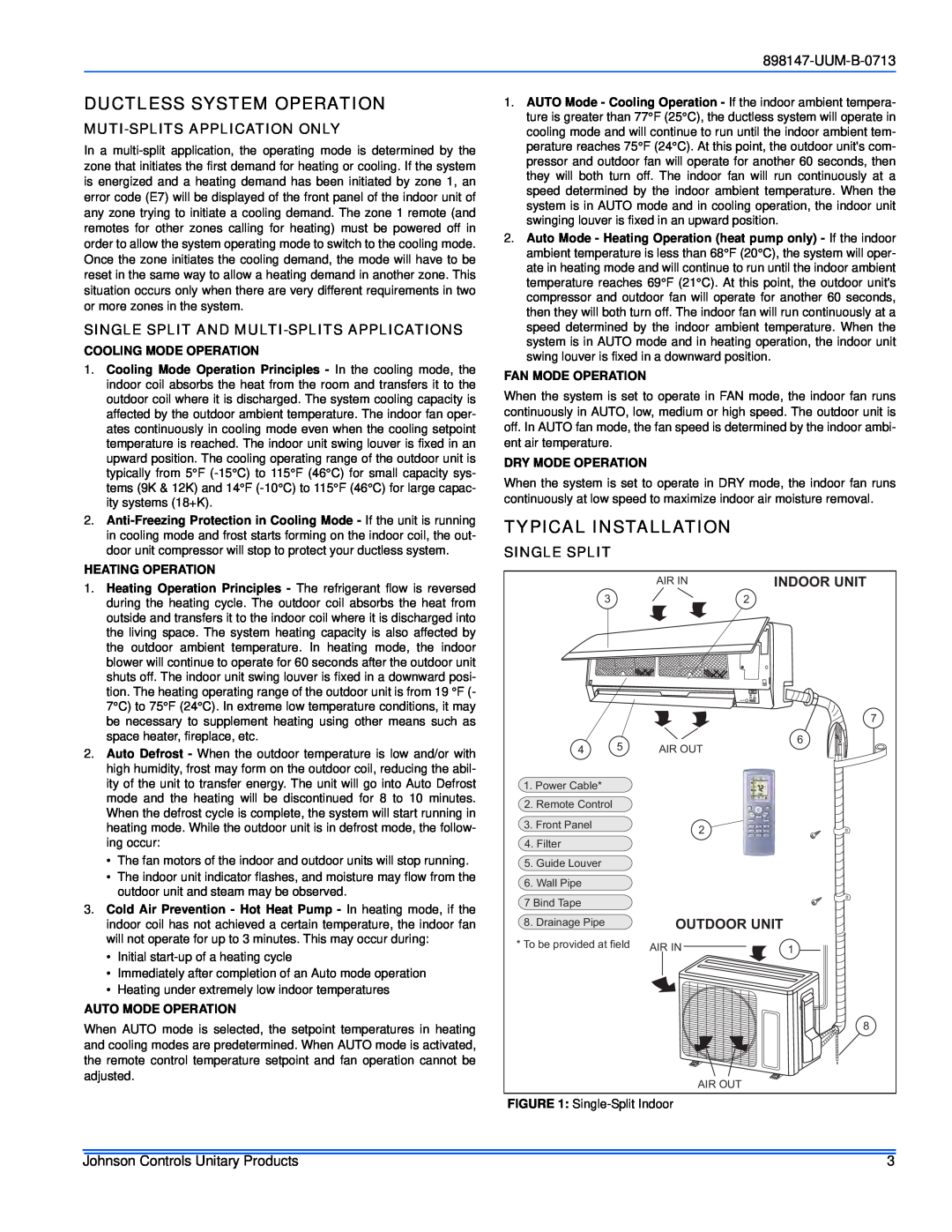 Johnson Controls 16 Ductless System Operation, Typical Installation, Muti-Splitsapplication Only, Single Split, UUM-B-0713 