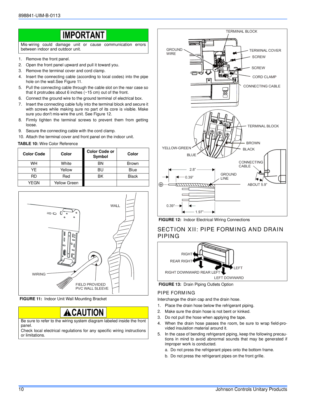 Johnson Controls 22 SEER installation manual Section XII Pipe Forming and Drain Piping, White, Blue, Red Black 