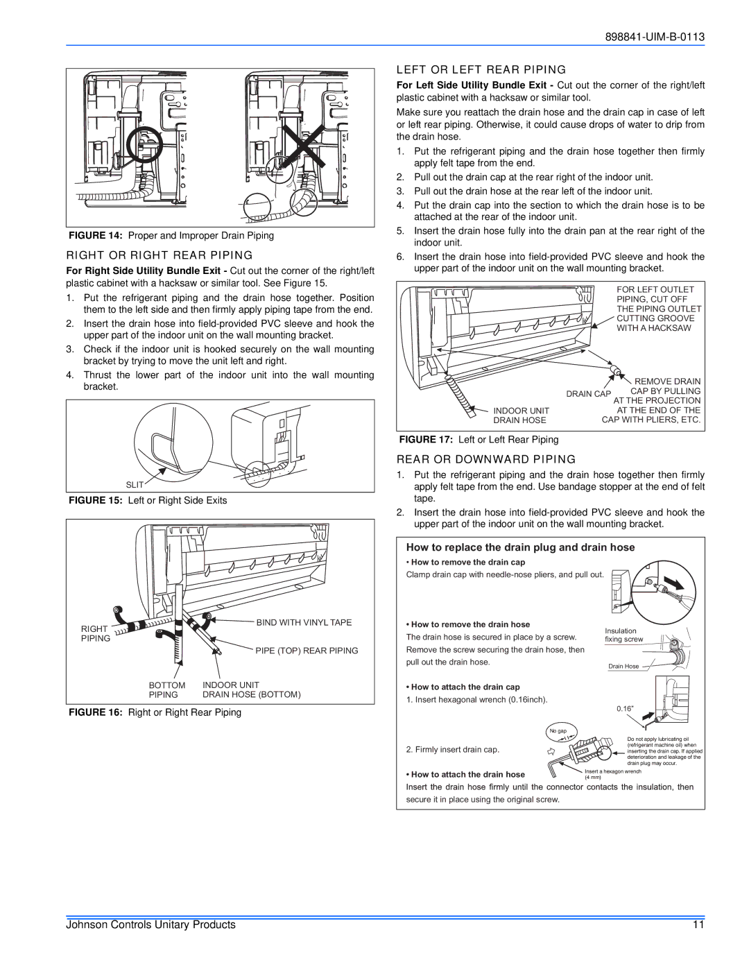 Johnson Controls 22 SEER installation manual Right or Right Rear Piping, Left or Left Rear Piping, Rear or Downward Piping 