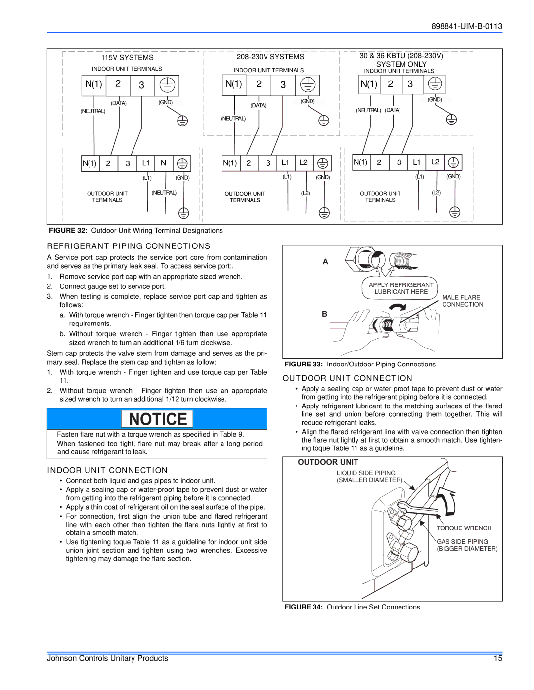 Johnson Controls 22 SEER Refrigerant Piping Connections, Indoor Unit Connection, Outdoor Unit Connection 