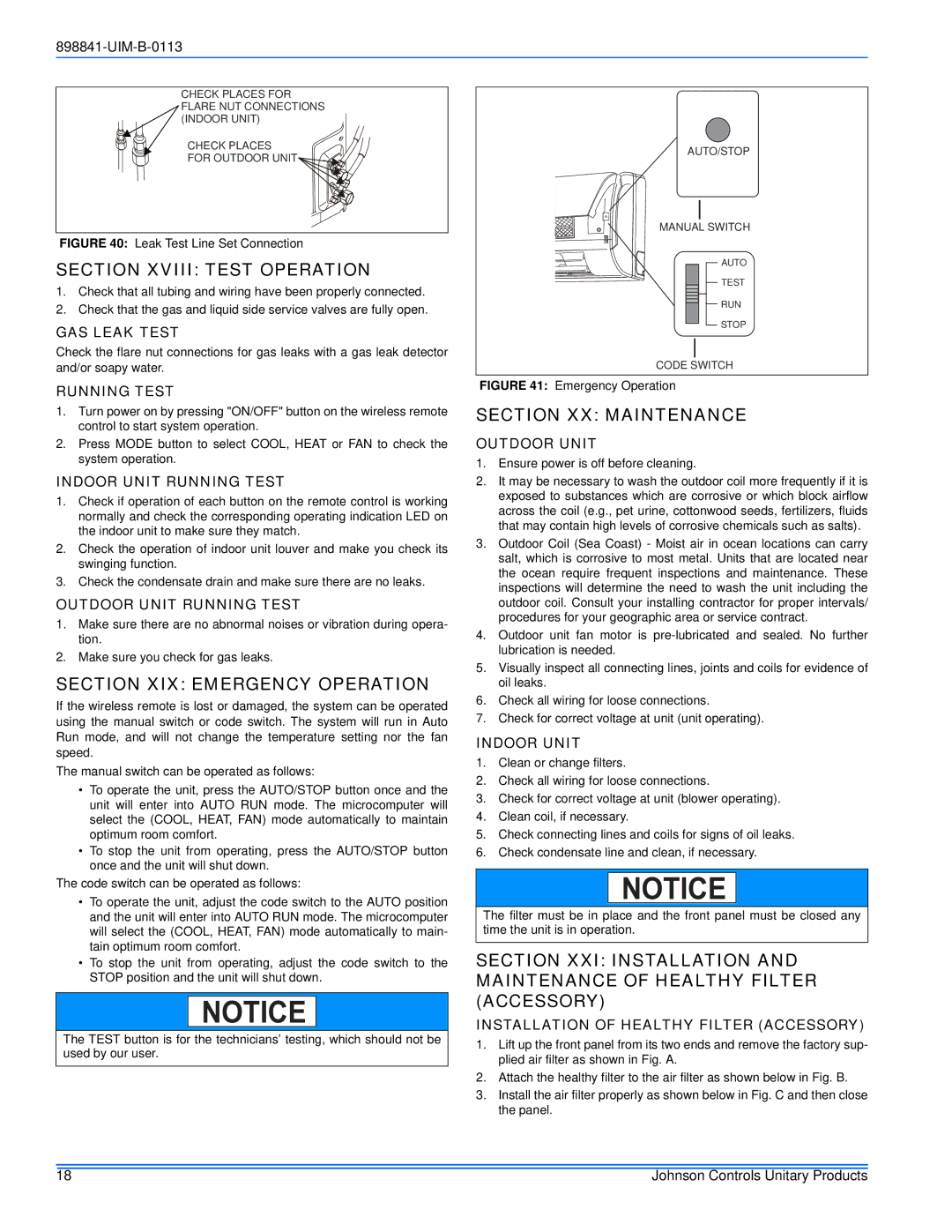 Johnson Controls 22 SEER Section Xviii Test Operation, Section XIX Emergency Operation, Section XX Maintenance 