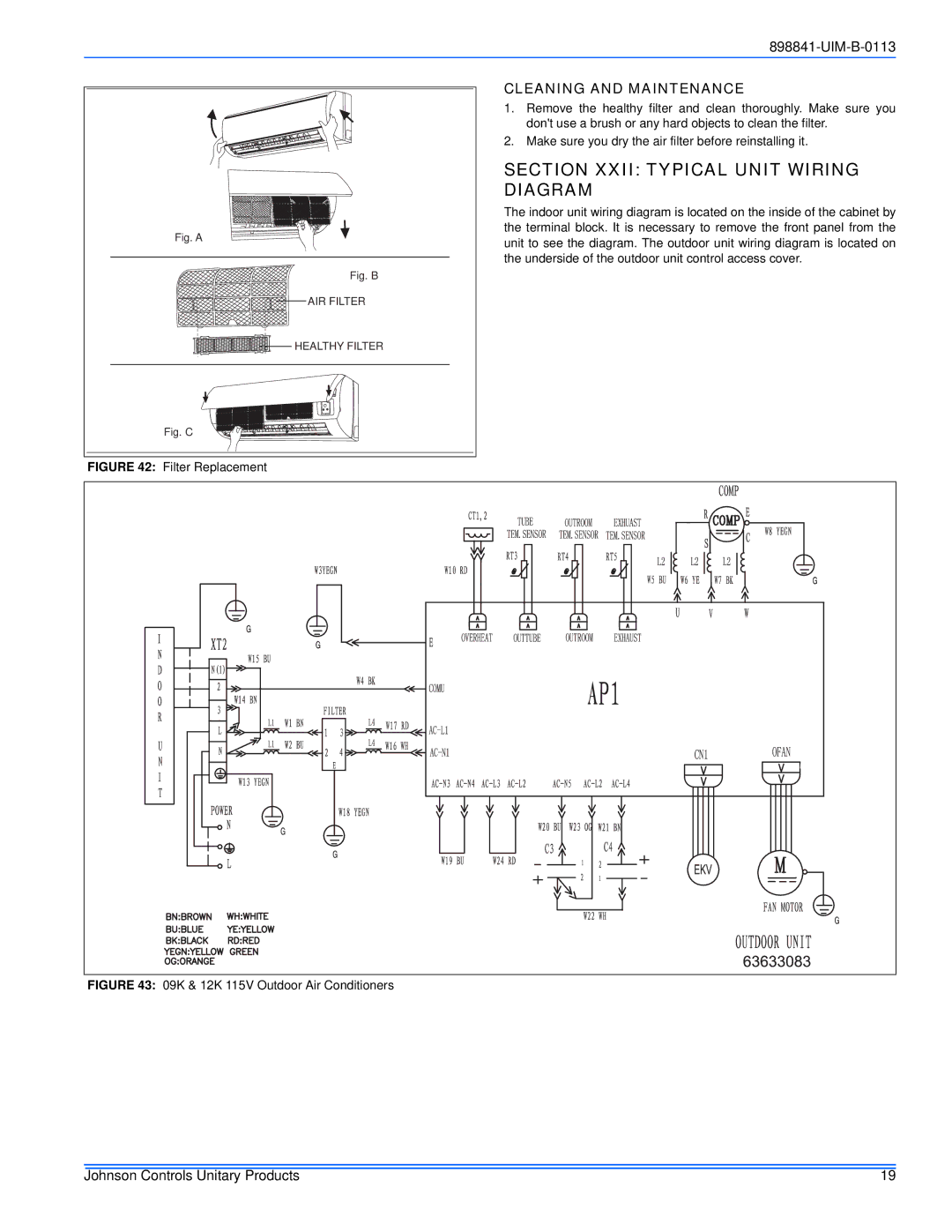 Johnson Controls 22 SEER installation manual Section Xxii Typical Unit Wiring Diagram, Cleaning and Maintenance 