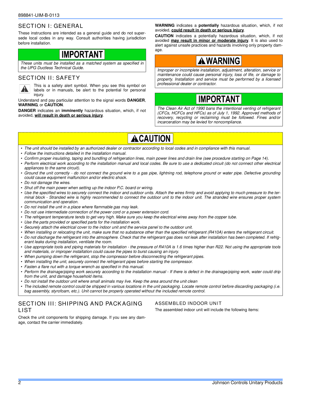 Johnson Controls 22 SEER installation manual Section I General, Section II Safety, Section III Shipping and Packaging, List 